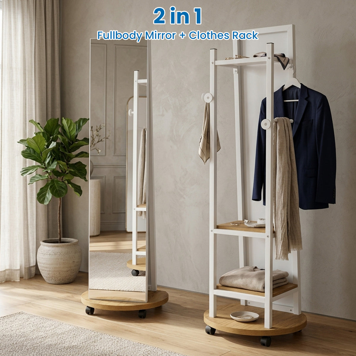 Freestanding Coat Tree with 3 Hooks and Storage Shelves Furniture Home