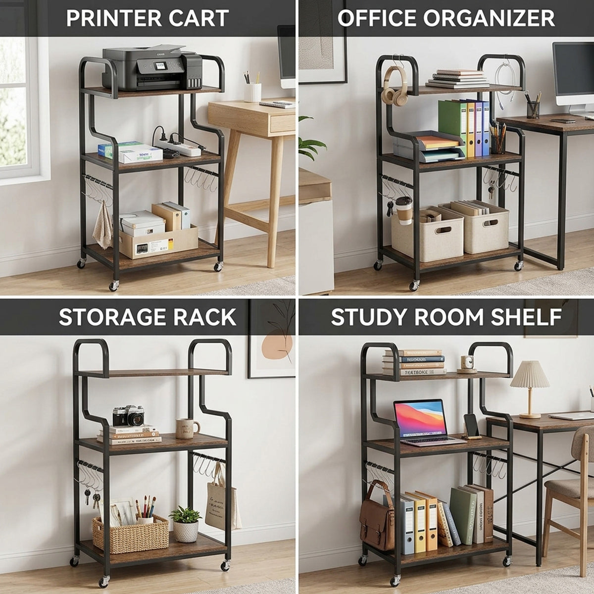 3 Tier Rolling Printer Stand with Storage Shelves for Shredder Scanner Fax