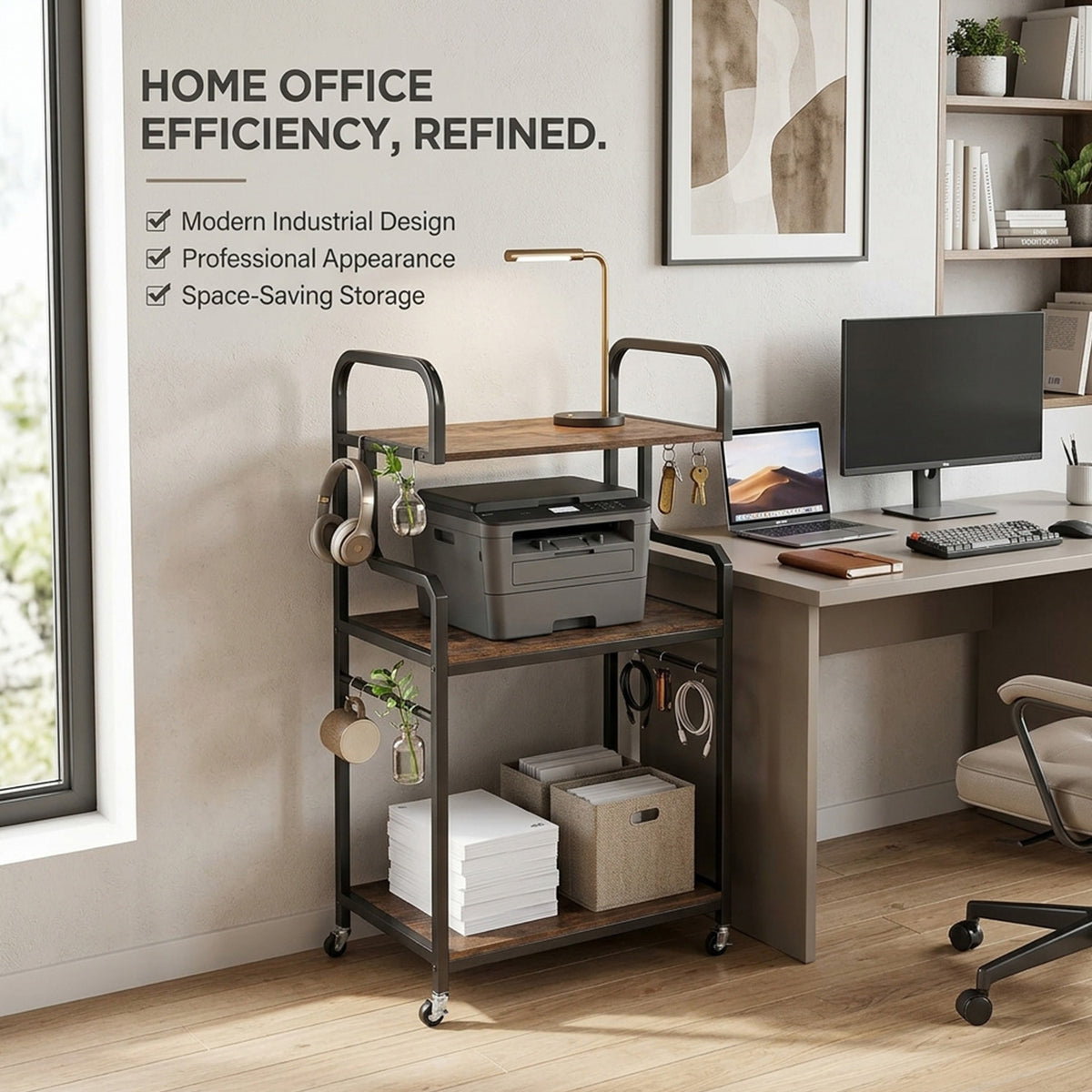 3 Tier Rolling Printer Stand with Storage Shelves for Shredder Scanner Fax