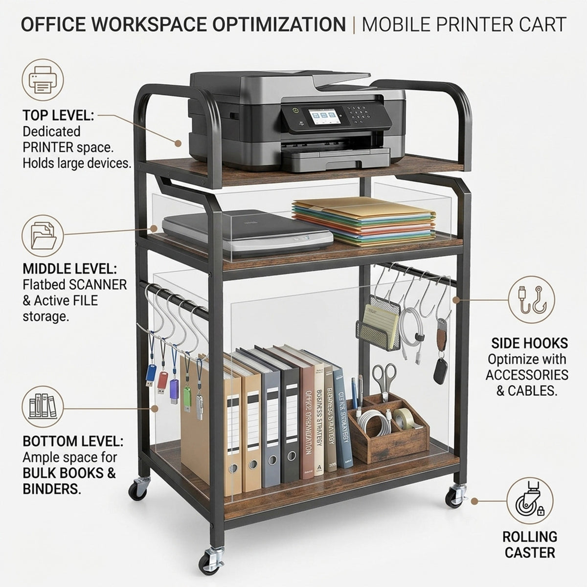 3 Tier Rolling Printer Stand with Storage Shelves for Shredder Scanner Fax
