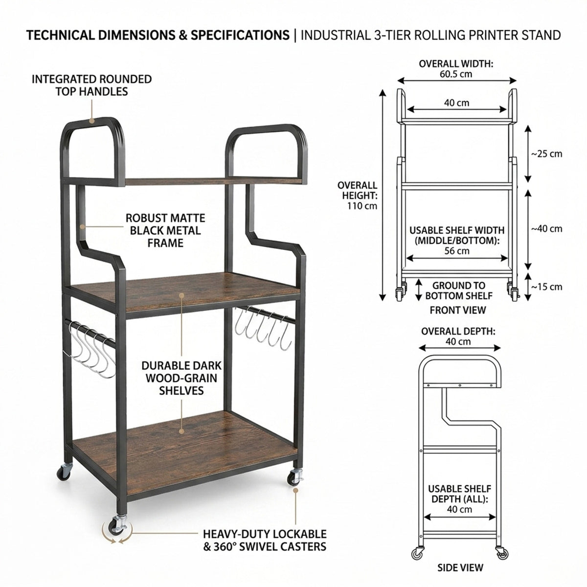 3 Tier Rolling Printer Stand with Storage Shelves for Shredder Scanner Fax
