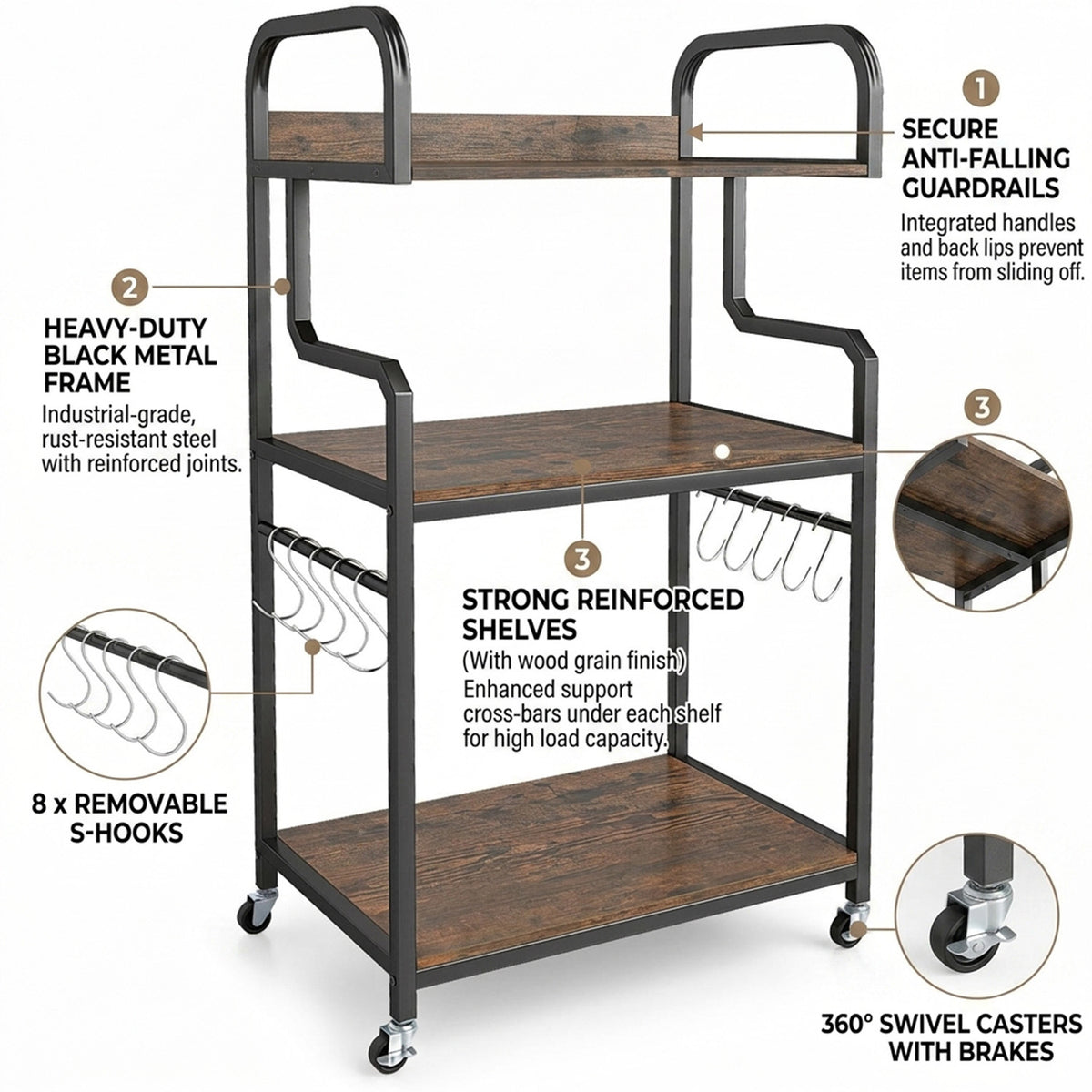 3 Tier Rolling Printer Stand with Storage Shelves for Shredder Scanner Fax