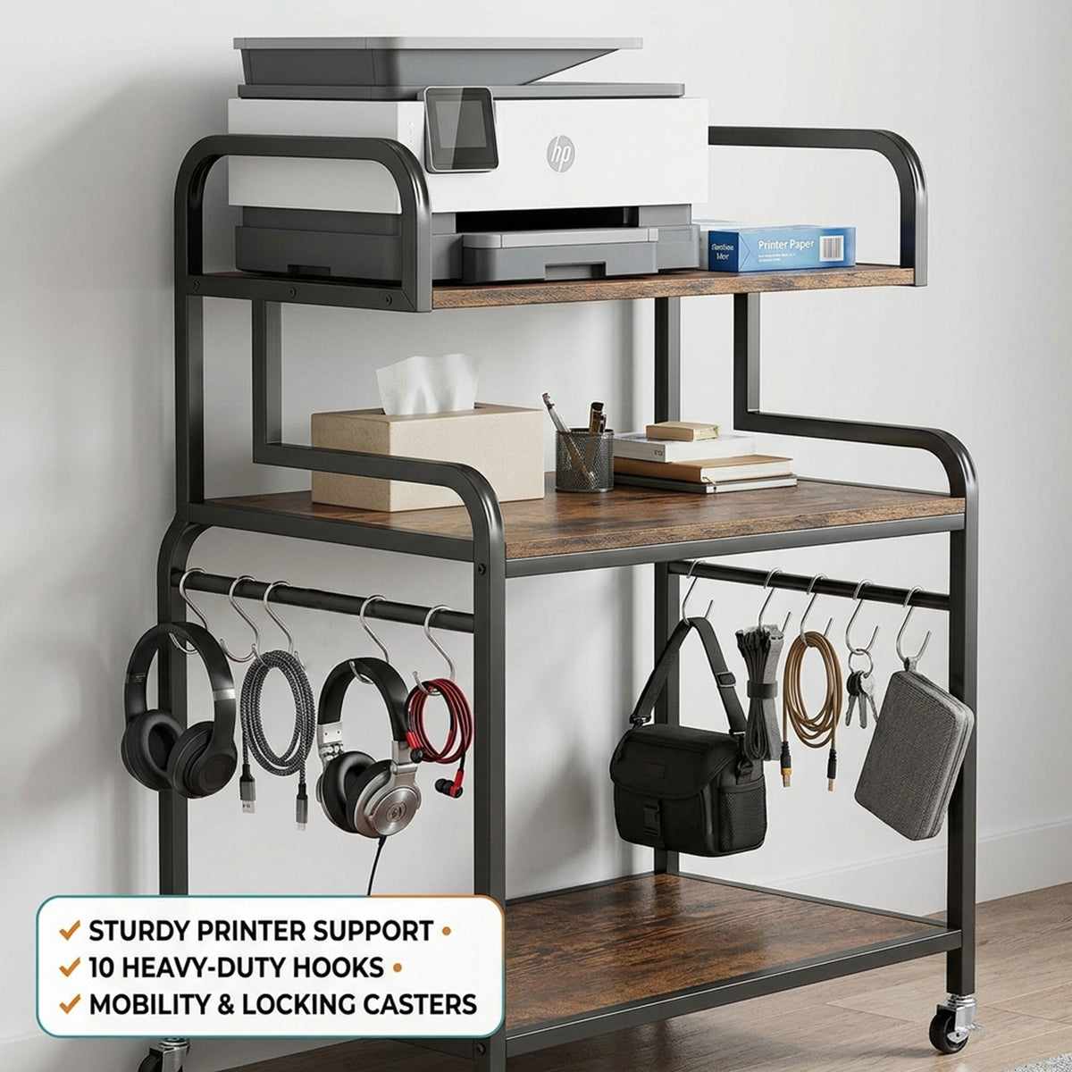 3 Tier Rolling Printer Stand with Storage Shelves for Shredder Scanner Fax