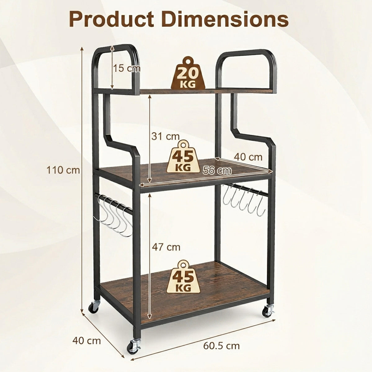 3 Tier Rolling Printer Stand with Storage Shelves for Shredder Scanner Fax
