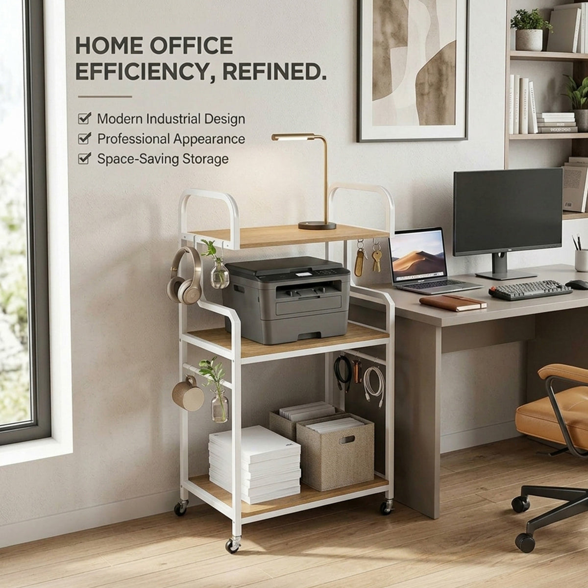 3 Tier Rolling Printer Stand with Storage Shelves for Shredder Scanner Fax