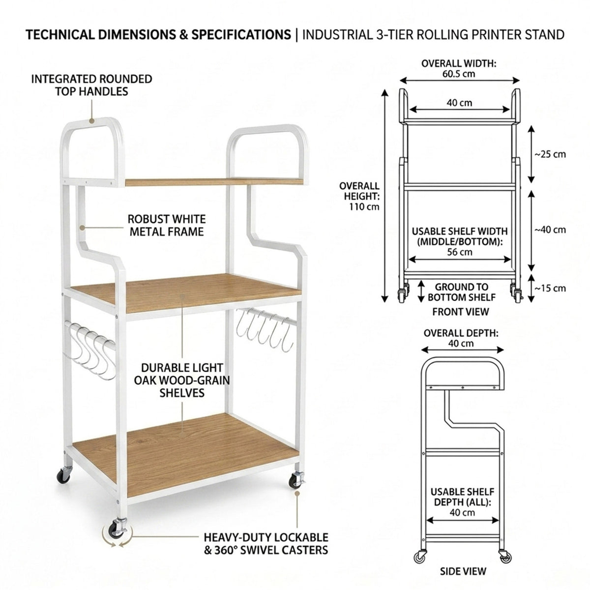 3 Tier Rolling Printer Stand with Storage Shelves for Shredder Scanner Fax