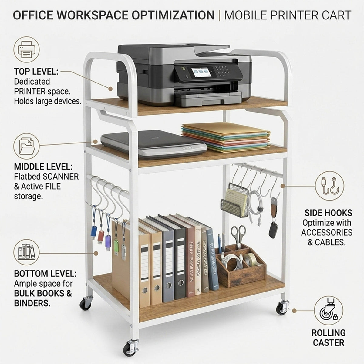 3 Tier Rolling Printer Stand with Storage Shelves for Shredder Scanner Fax