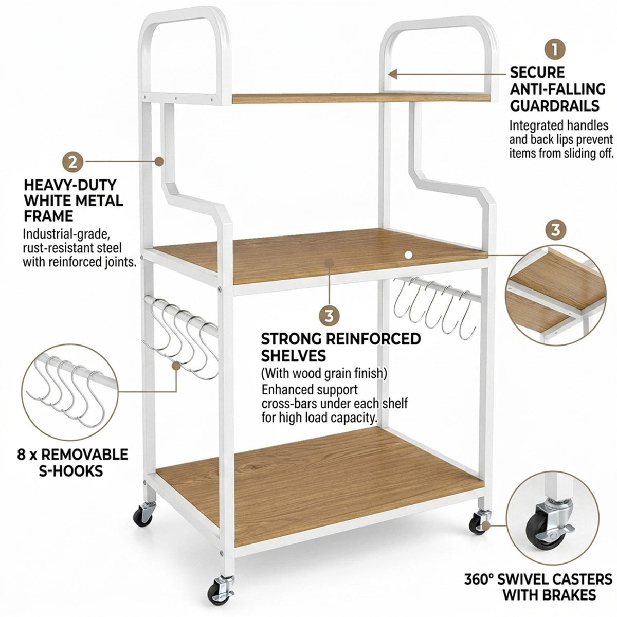 3 Tier Rolling Printer Stand with Storage Shelves for Shredder Scanner Fax