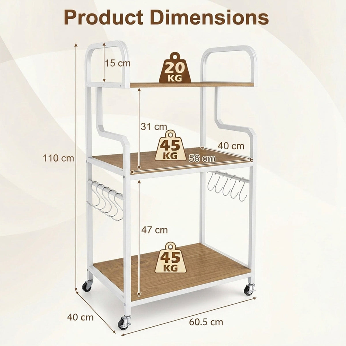 3 Tier Rolling Printer Stand with Storage Shelves for Shredder Scanner Fax