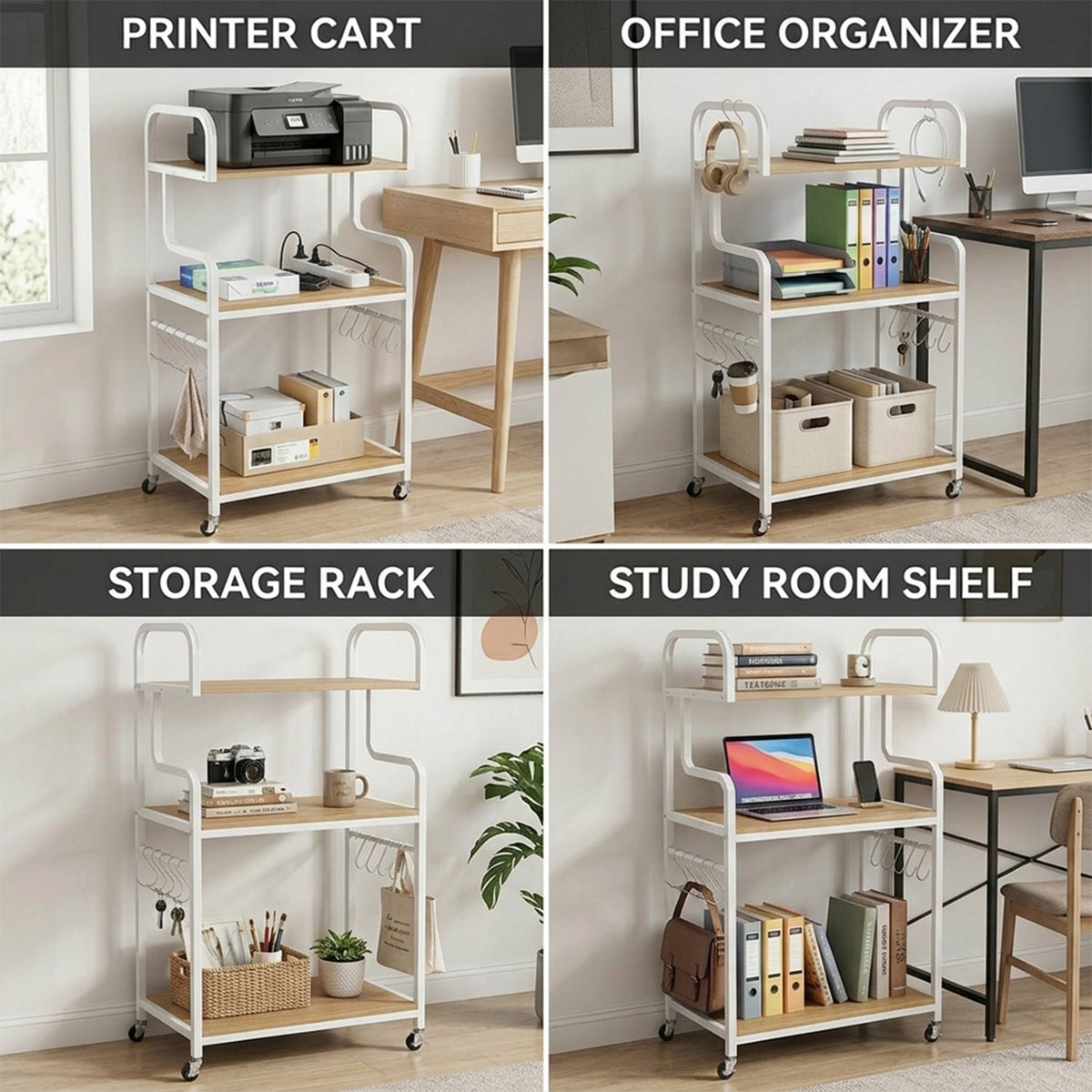 3 Tier Rolling Printer Stand with Storage Shelves for Shredder Scanner Fax