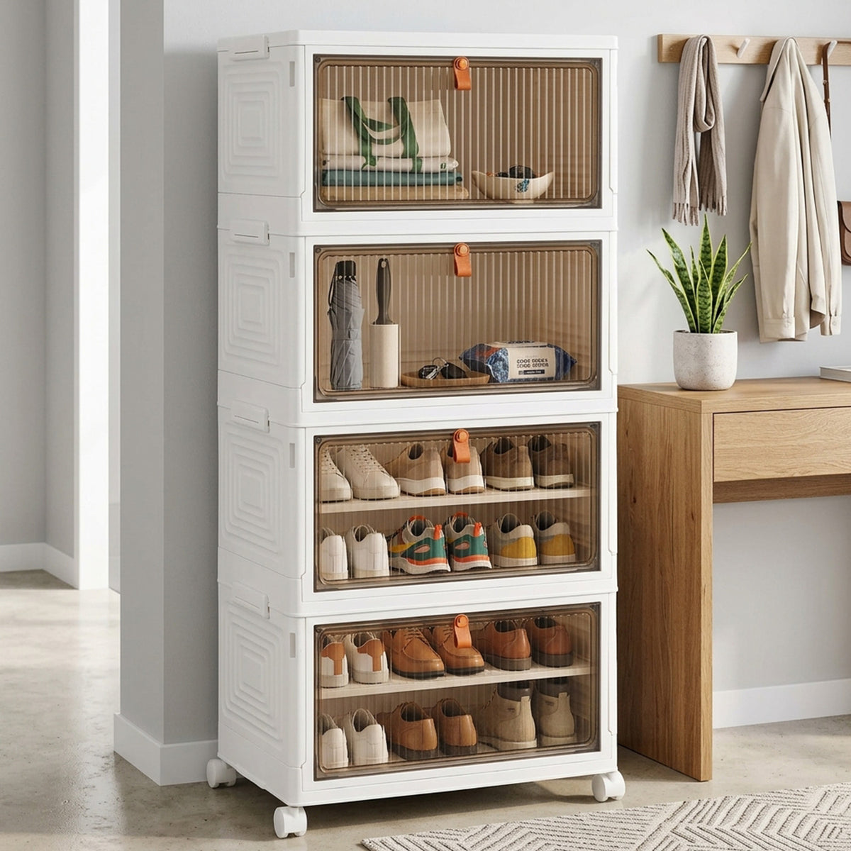 4 Tier Stackable Plastic Storage Bins with Lid and Lockable Wheels Home