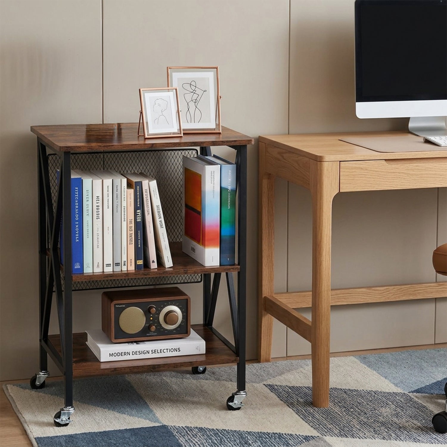 Vinyl Record Player Stand 3 Tier Rolling Cart with Dividers Steel Frame Brown