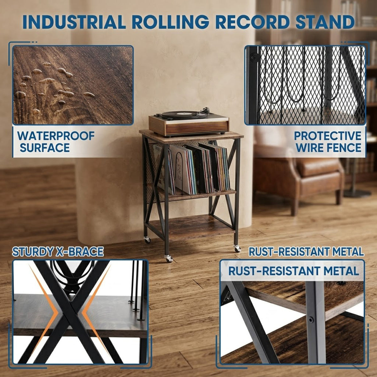 Vinyl Record Player Stand 3 Tier Rolling Cart with Dividers Steel Frame Brown