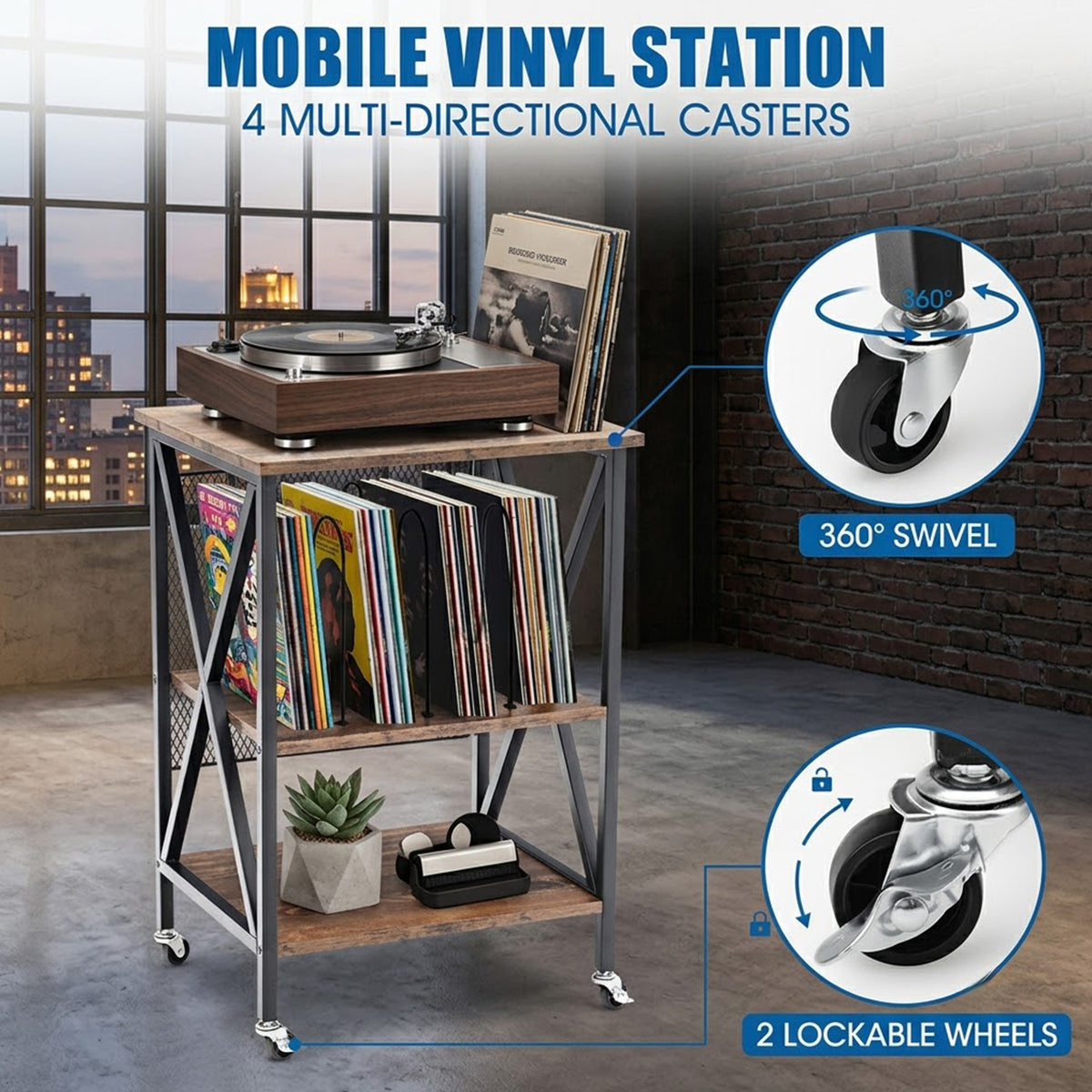 Vinyl Record Player Stand 3 Tier Rolling Cart with Dividers Steel Frame Brown