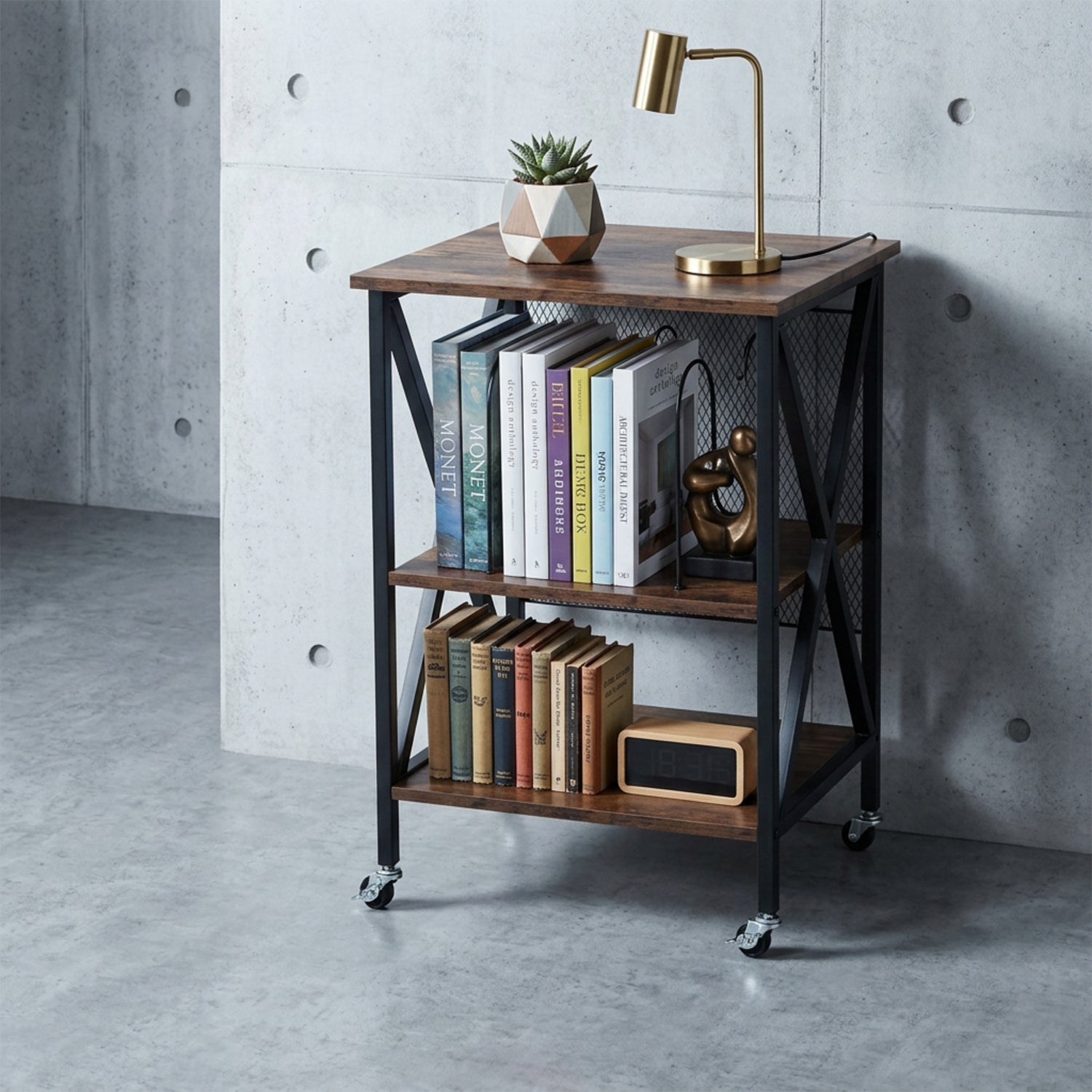 Vinyl Record Player Stand 3 Tier Rolling Cart with Dividers Steel Frame Brown