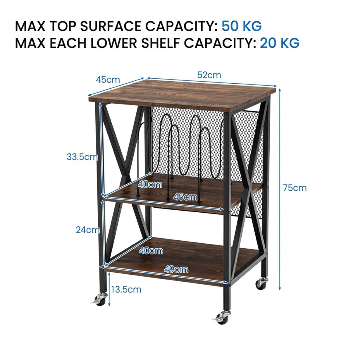 Vinyl Record Player Stand 3 Tier Rolling Cart with Dividers Steel Frame Brown