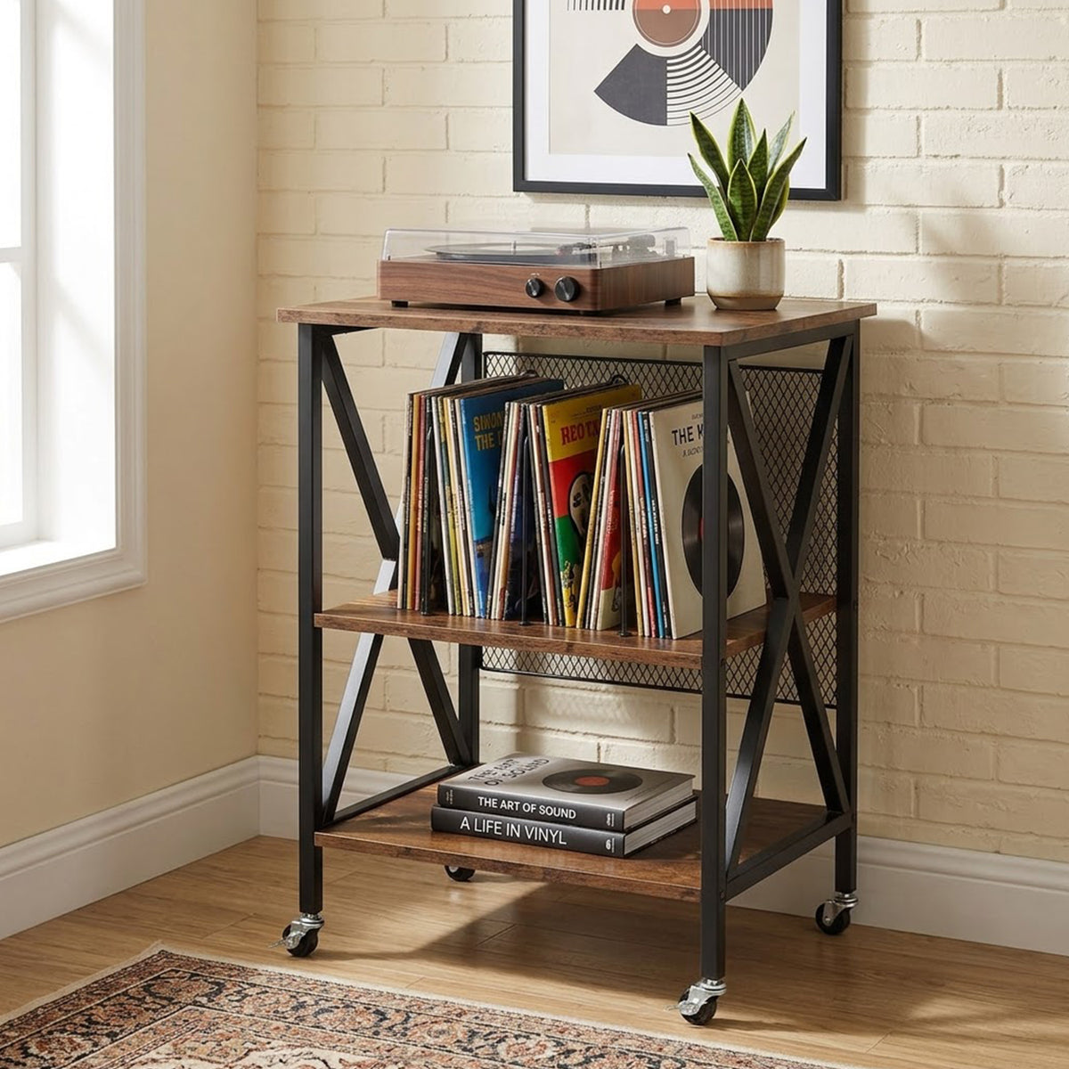 Vinyl Record Player Stand 3 Tier Rolling Cart with Dividers Steel Frame Brown