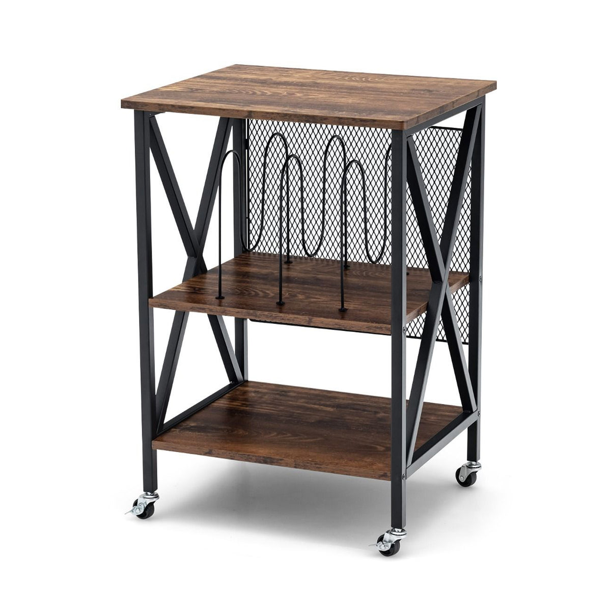 Vinyl Record Player Stand 3 Tier Rolling Cart with Dividers Steel Frame Brown