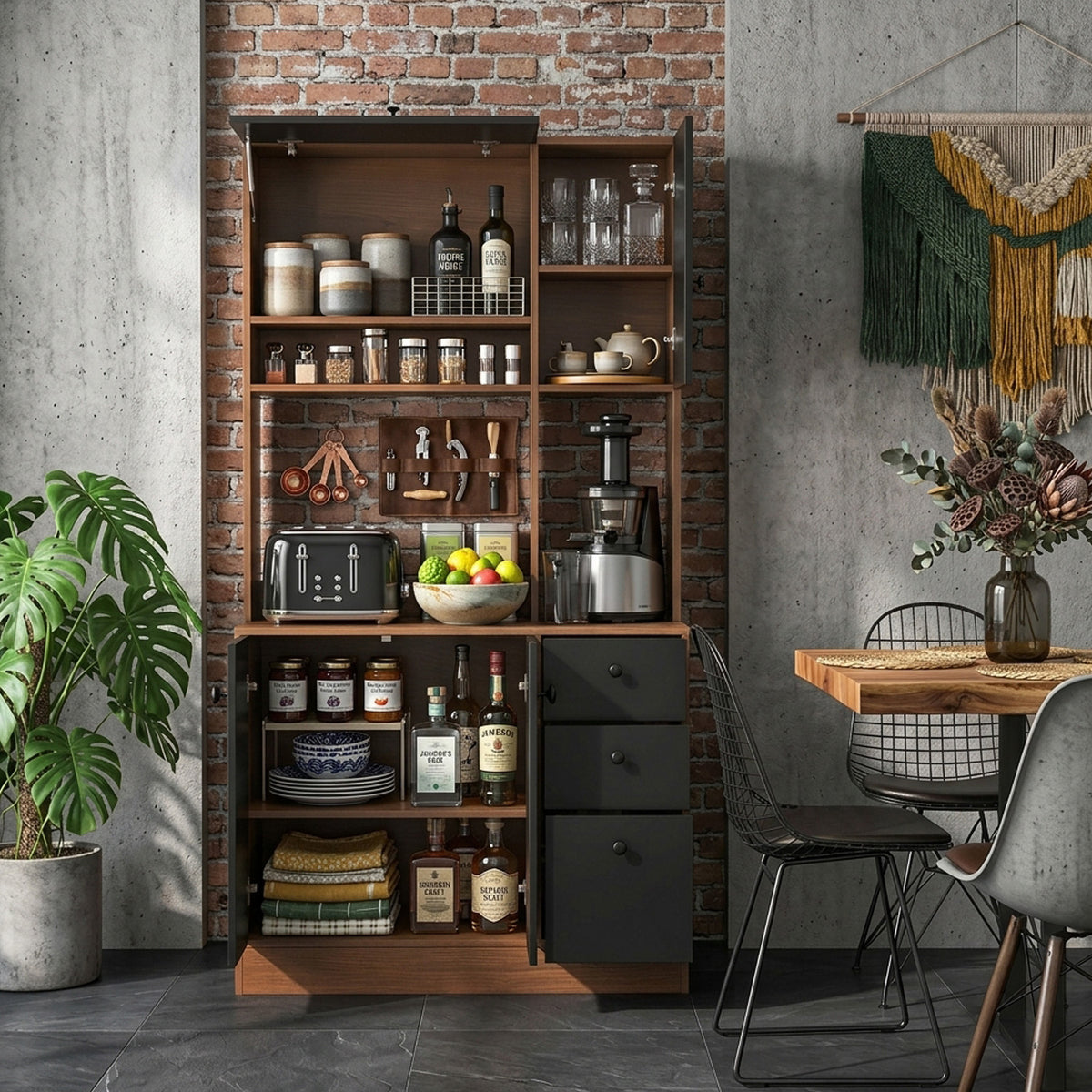 Freestanding Kitchen Pantry Cabinet with Wide Countertop Adjustable Shelves