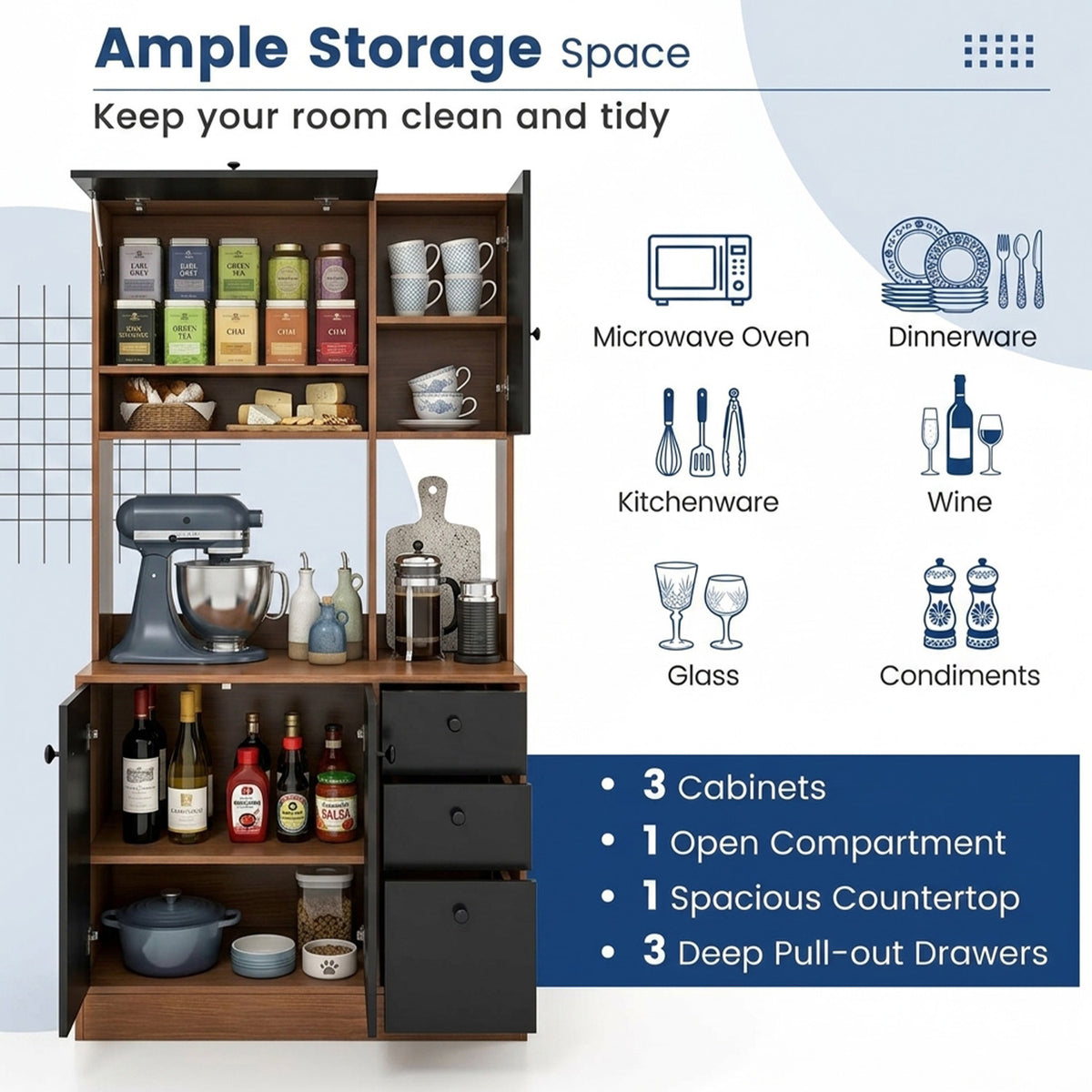 Freestanding Kitchen Pantry Cabinet with Wide Countertop Adjustable Shelves