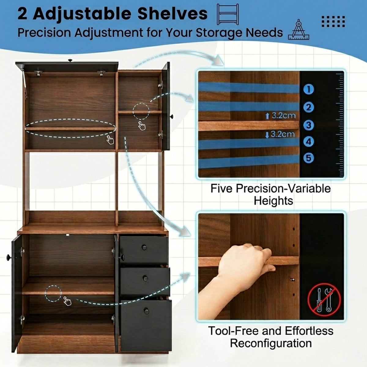 Freestanding Kitchen Pantry Cabinet with Wide Countertop Adjustable Shelves
