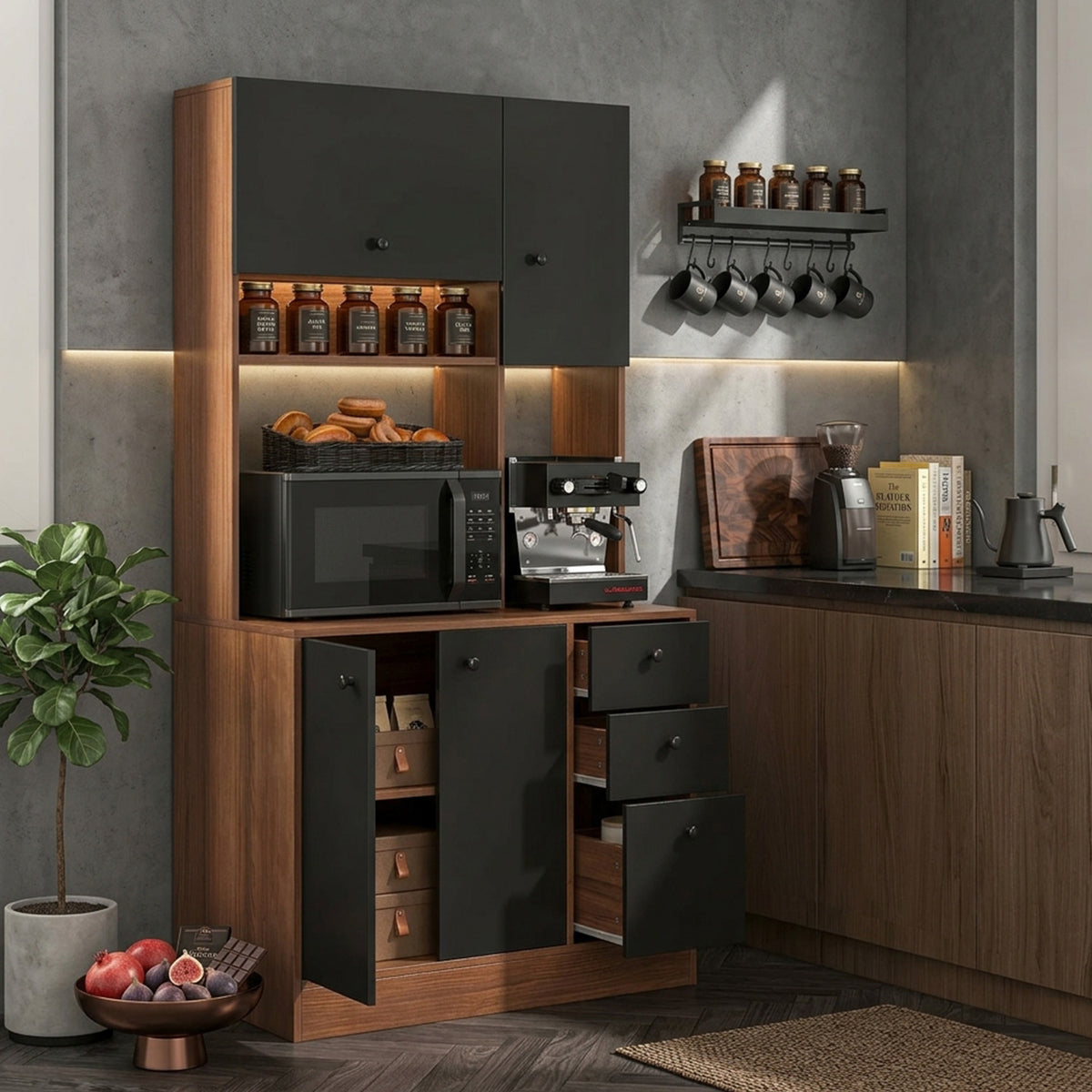 Freestanding Kitchen Pantry Cabinet with Wide Countertop Adjustable Shelves