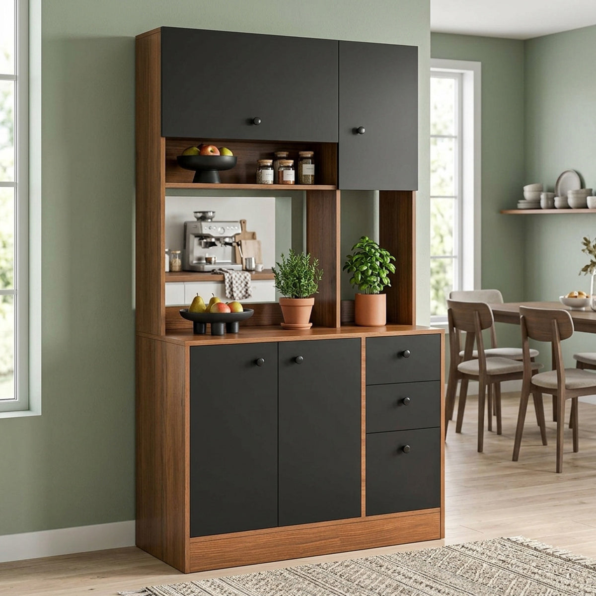 Freestanding Kitchen Pantry Cabinet with Wide Countertop Adjustable Shelves