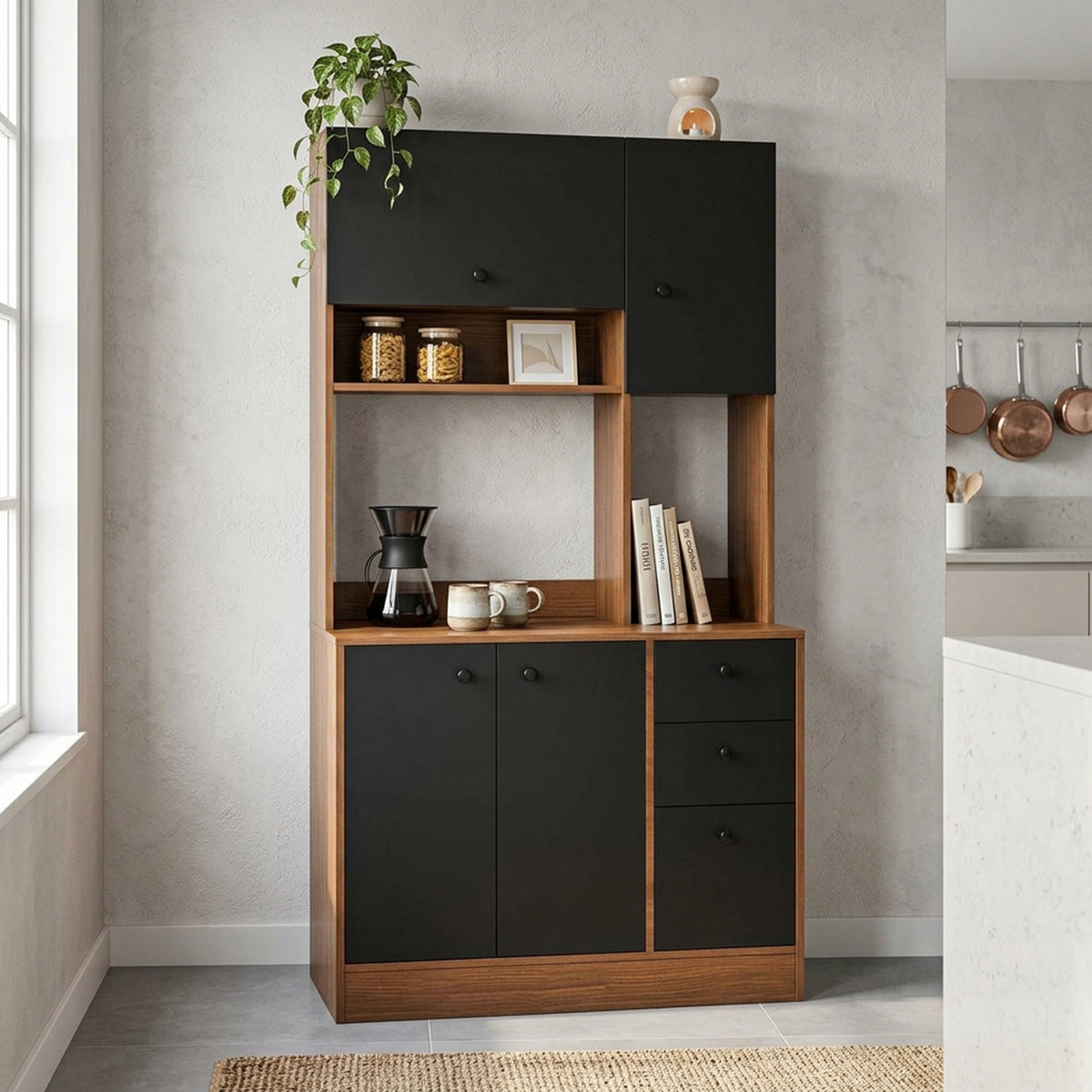 Freestanding Kitchen Pantry Cabinet with Wide Countertop Adjustable Shelves
