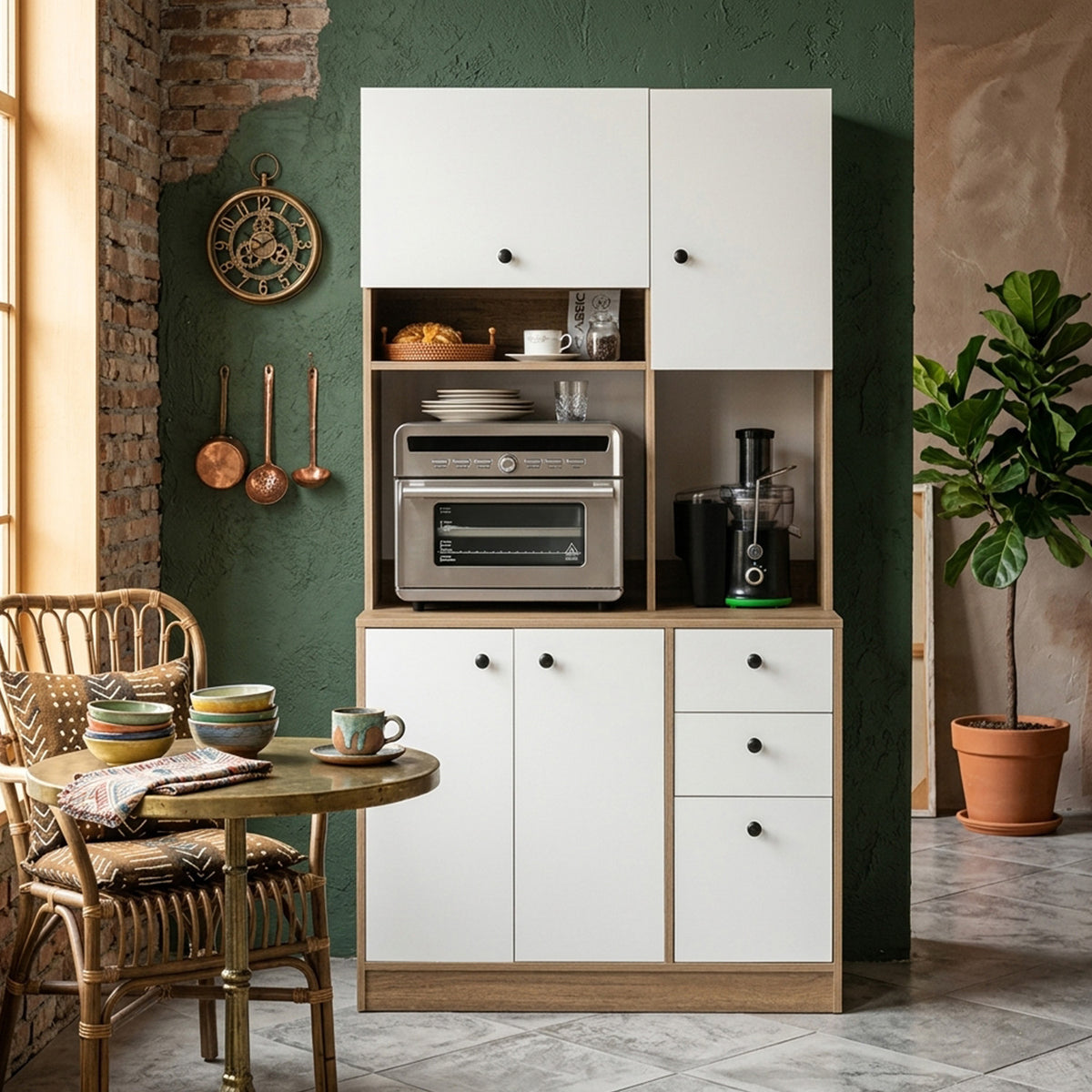 Freestanding Kitchen Pantry Cabinet with Wide Countertop Adjustable Shelves