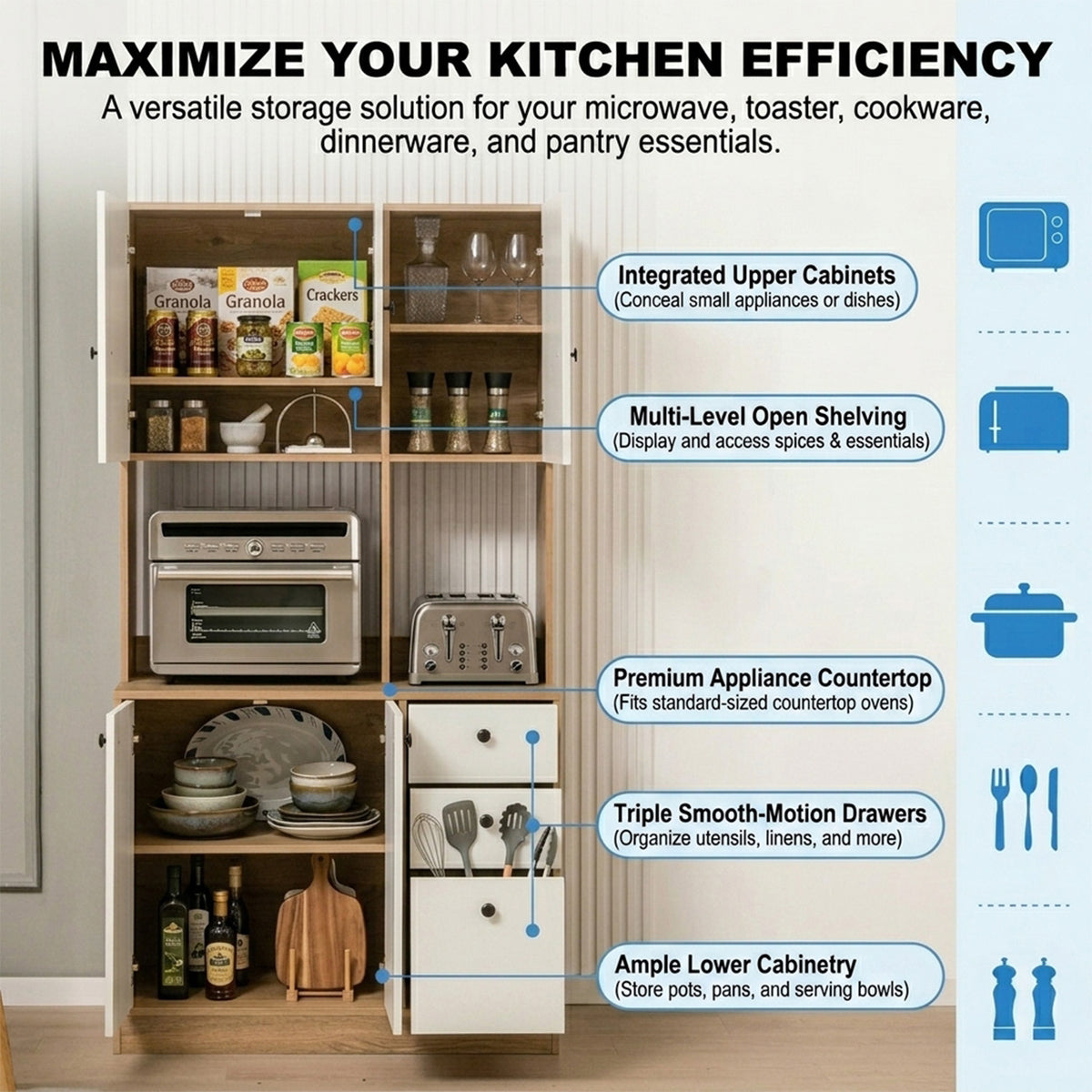 Freestanding Kitchen Pantry Cabinet with Wide Countertop Adjustable Shelves