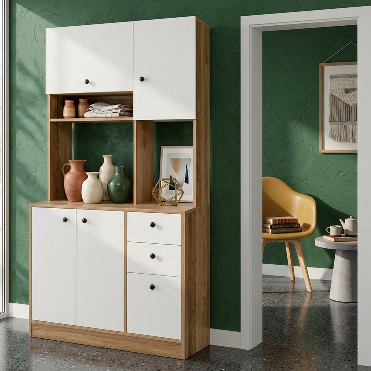 Freestanding Kitchen Pantry Cabinet with Wide Countertop Adjustable Shelves