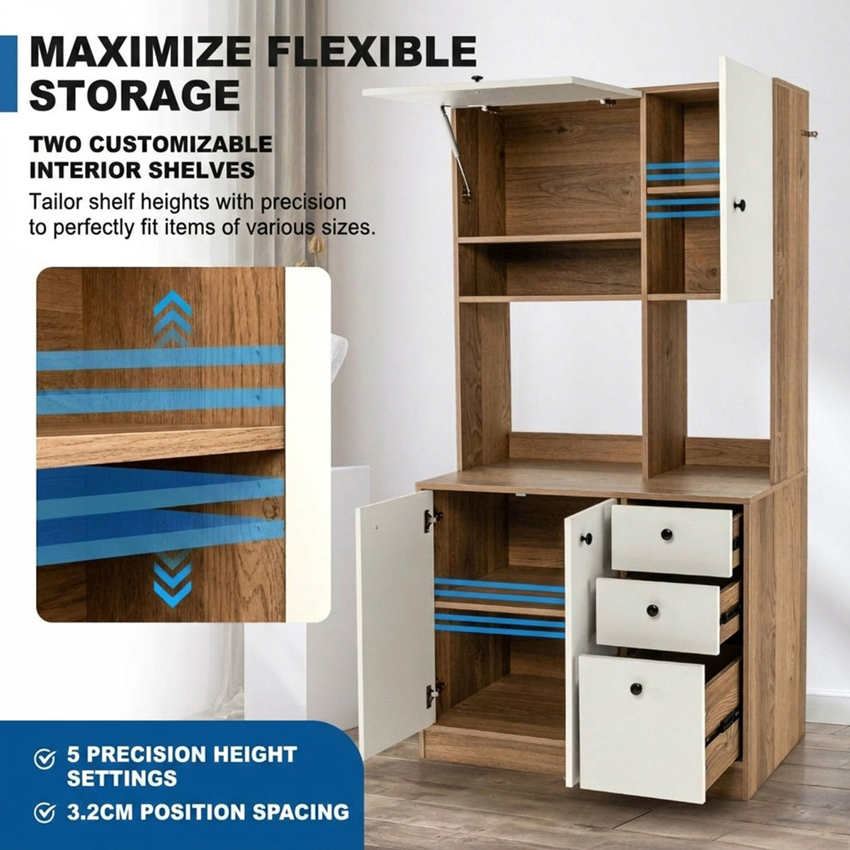 Freestanding Kitchen Pantry Cabinet with Wide Countertop Adjustable Shelves
