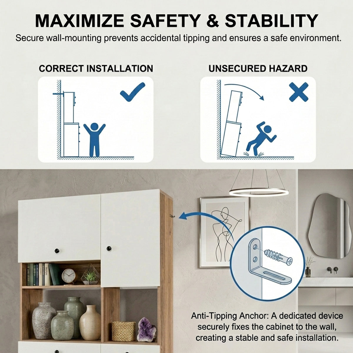 Freestanding Kitchen Pantry Cabinet with Wide Countertop Adjustable Shelves