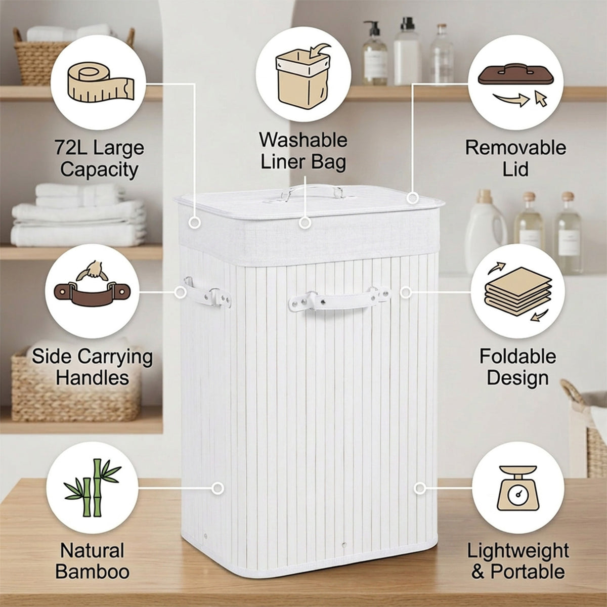 72L Bamboo Laundry Hamper with Lid and Removable Liner Bag Home Storage