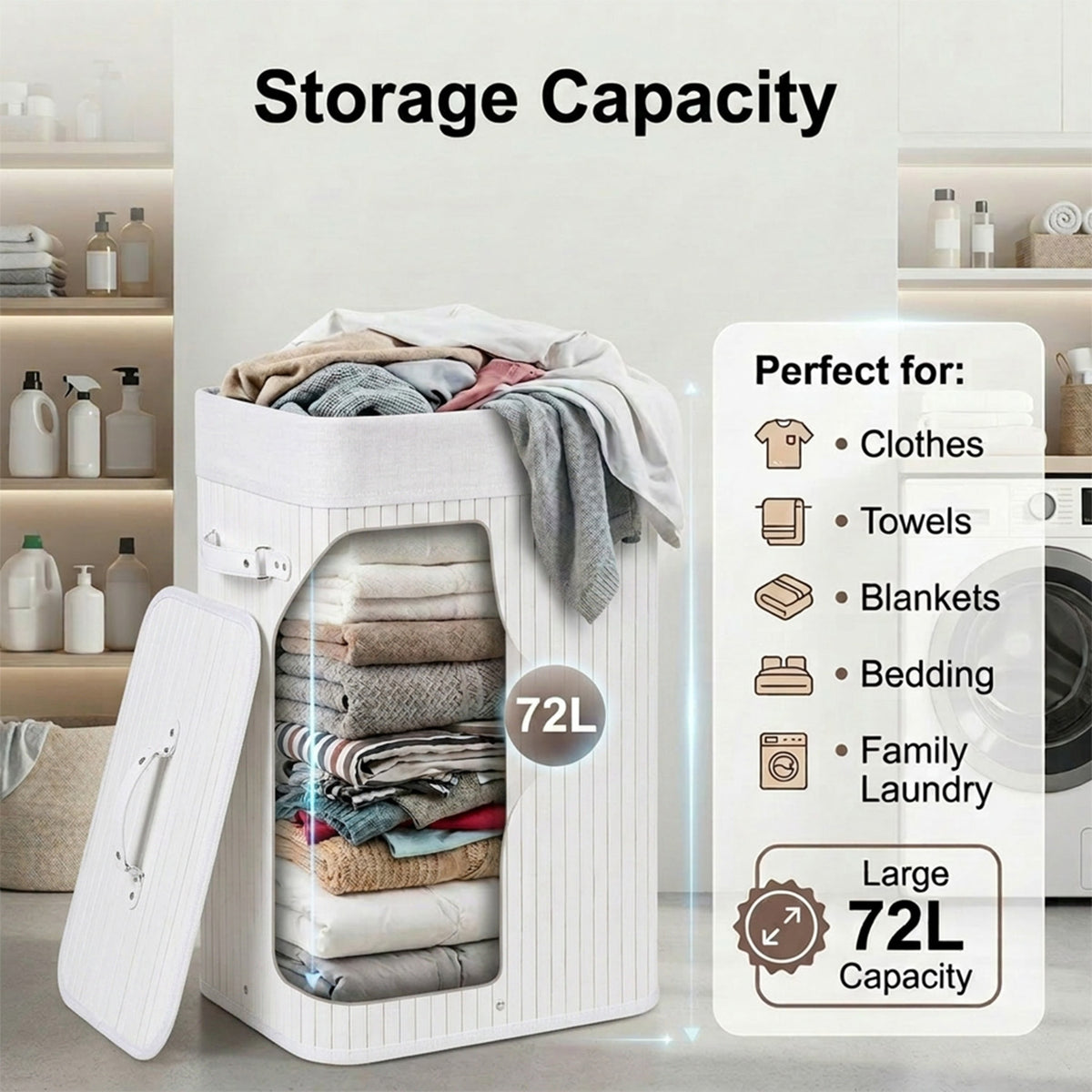 72L Bamboo Laundry Hamper with Lid and Removable Liner Bag Home Storage