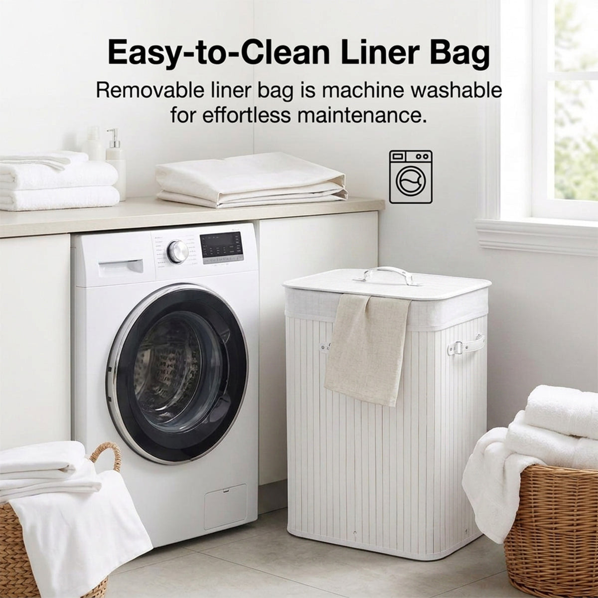72L Bamboo Laundry Hamper with Lid and Removable Liner Bag Home Storage
