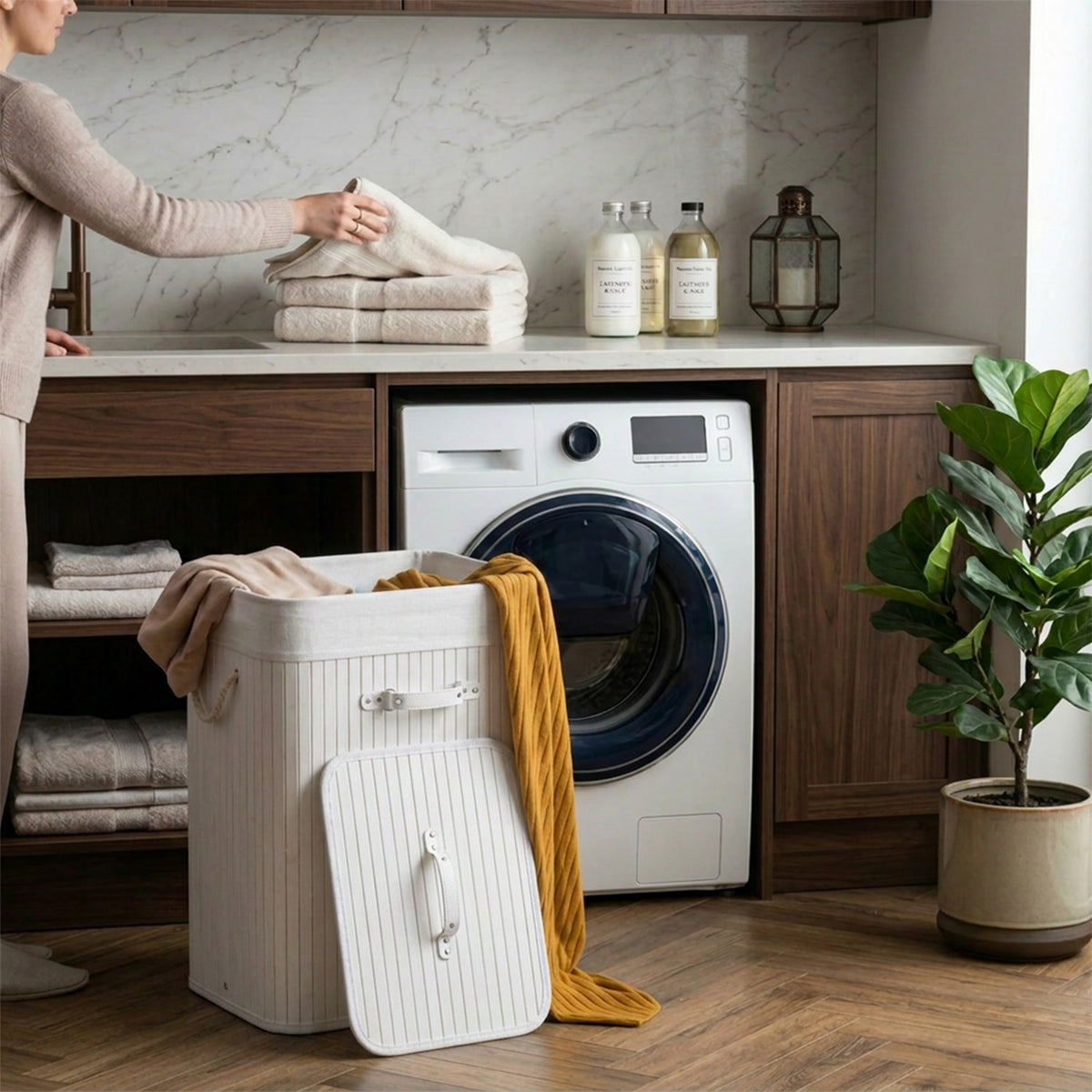 72L Bamboo Laundry Hamper with Lid and Removable Liner Bag Home Storage