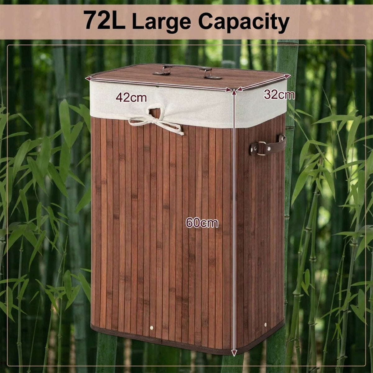72L Bamboo Laundry Hamper with Lid and Removable Liner Bag Home Storage
