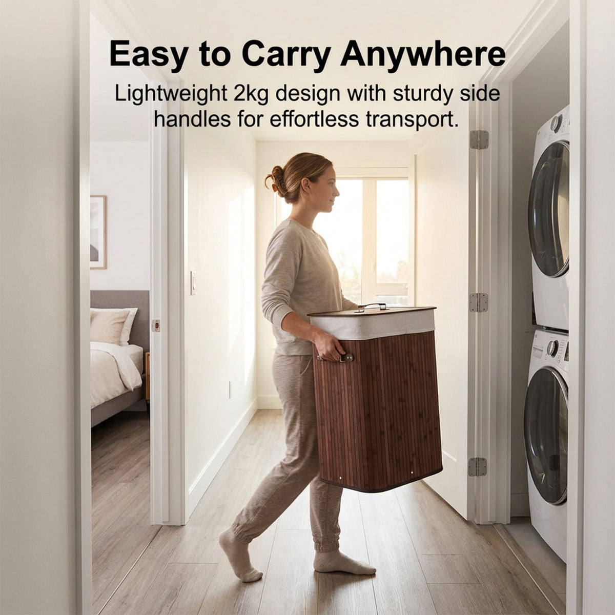 72L Bamboo Laundry Hamper with Lid and Removable Liner Bag Home Storage