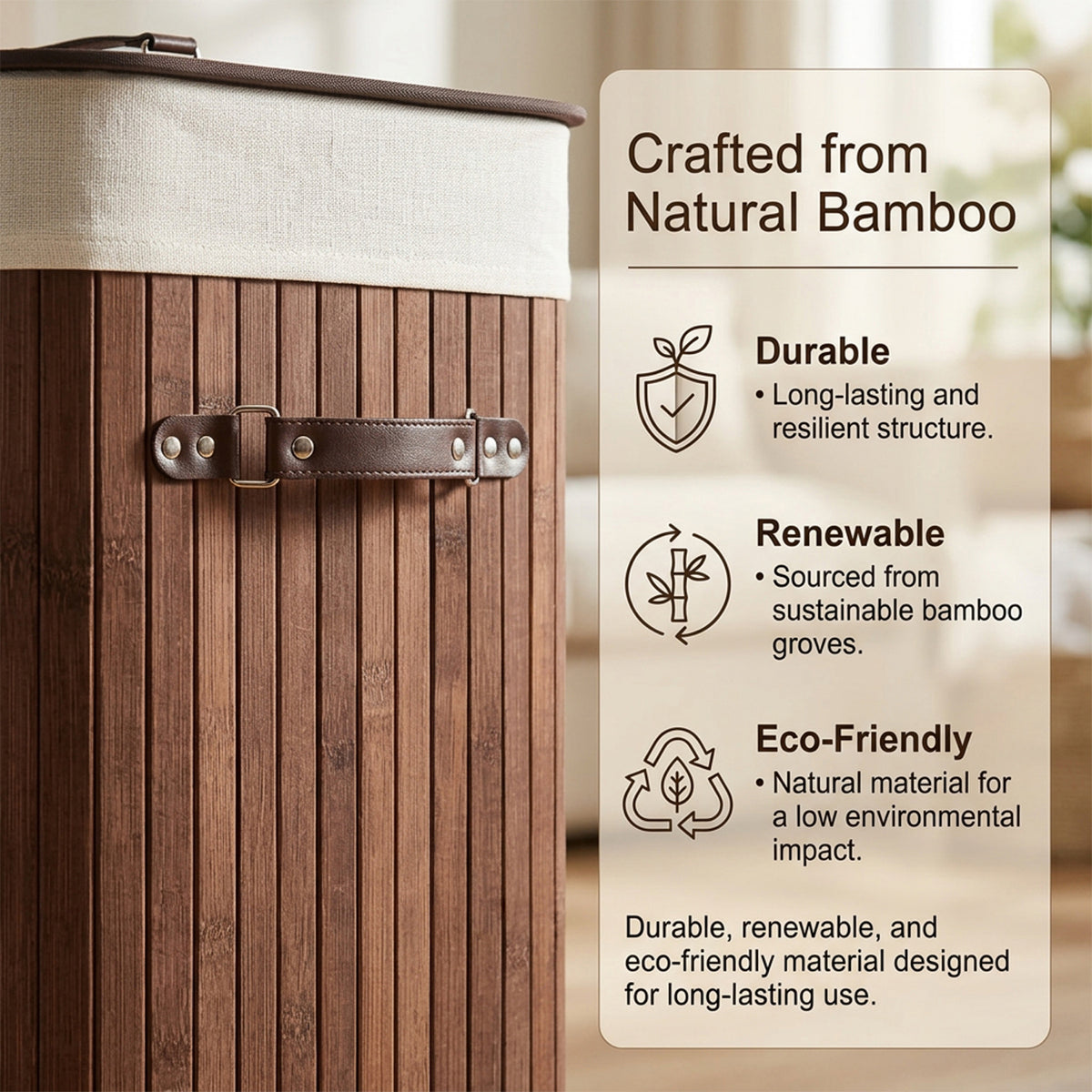 72L Bamboo Laundry Hamper with Lid and Removable Liner Bag Home Storage