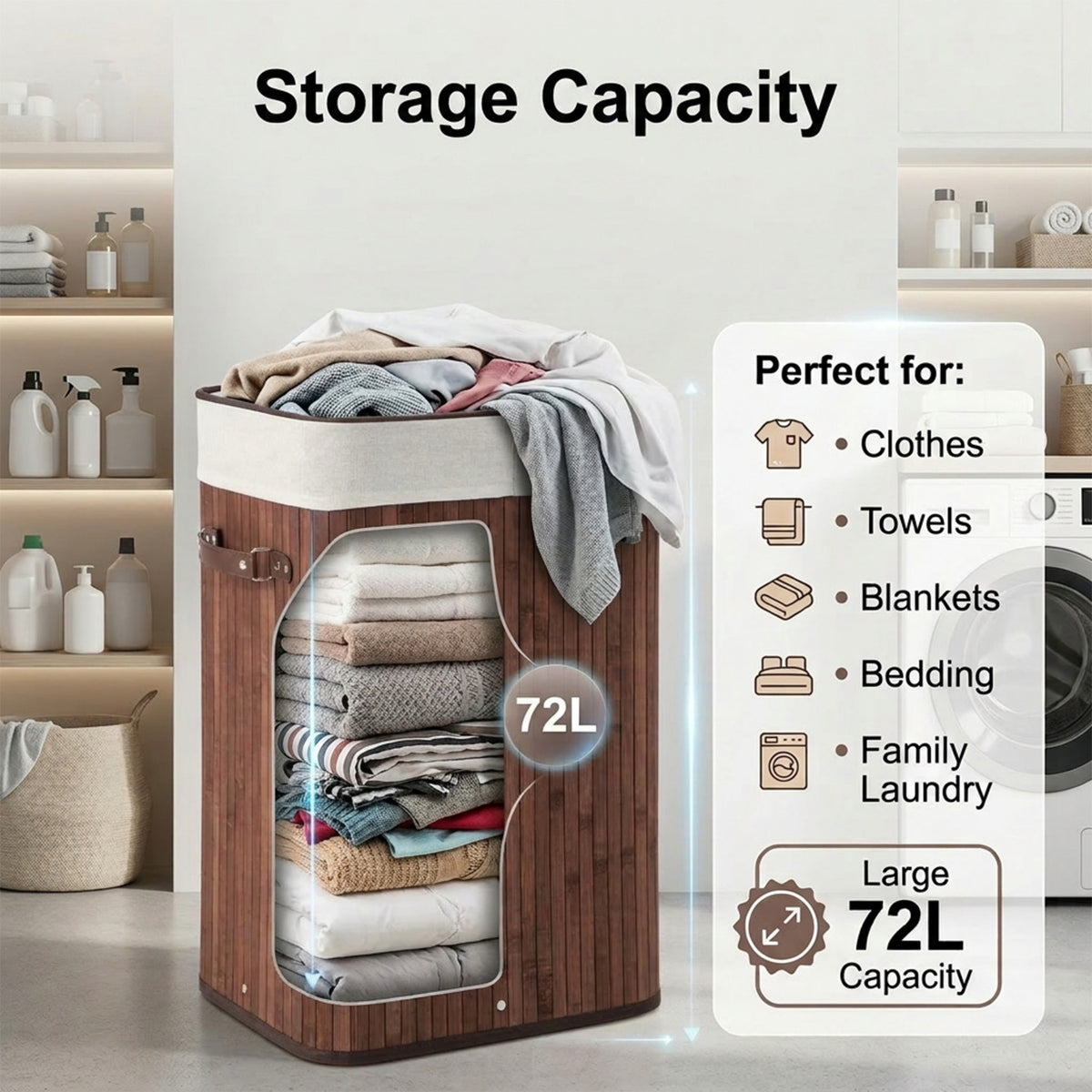 72L Bamboo Laundry Hamper with Lid and Removable Liner Bag Home Storage