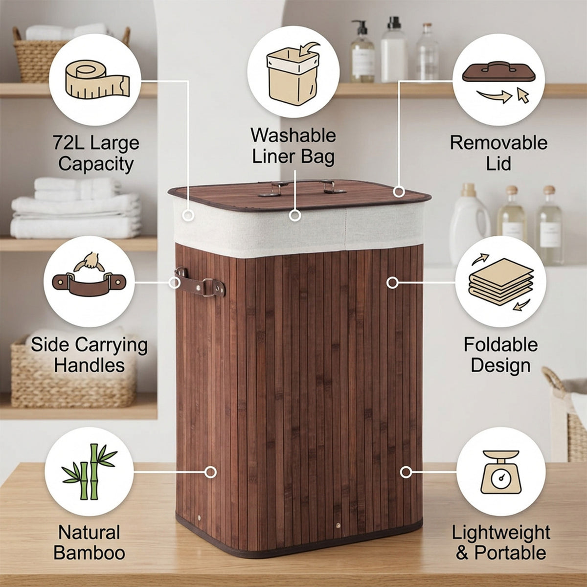 72L Bamboo Laundry Hamper with Lid and Removable Liner Bag Home Storage