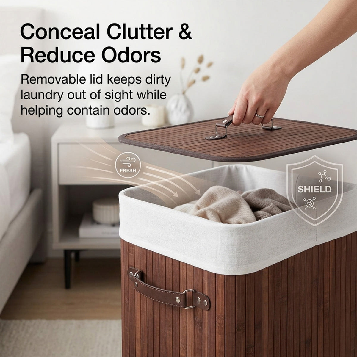 72L Bamboo Laundry Hamper with Lid and Removable Liner Bag Home Storage