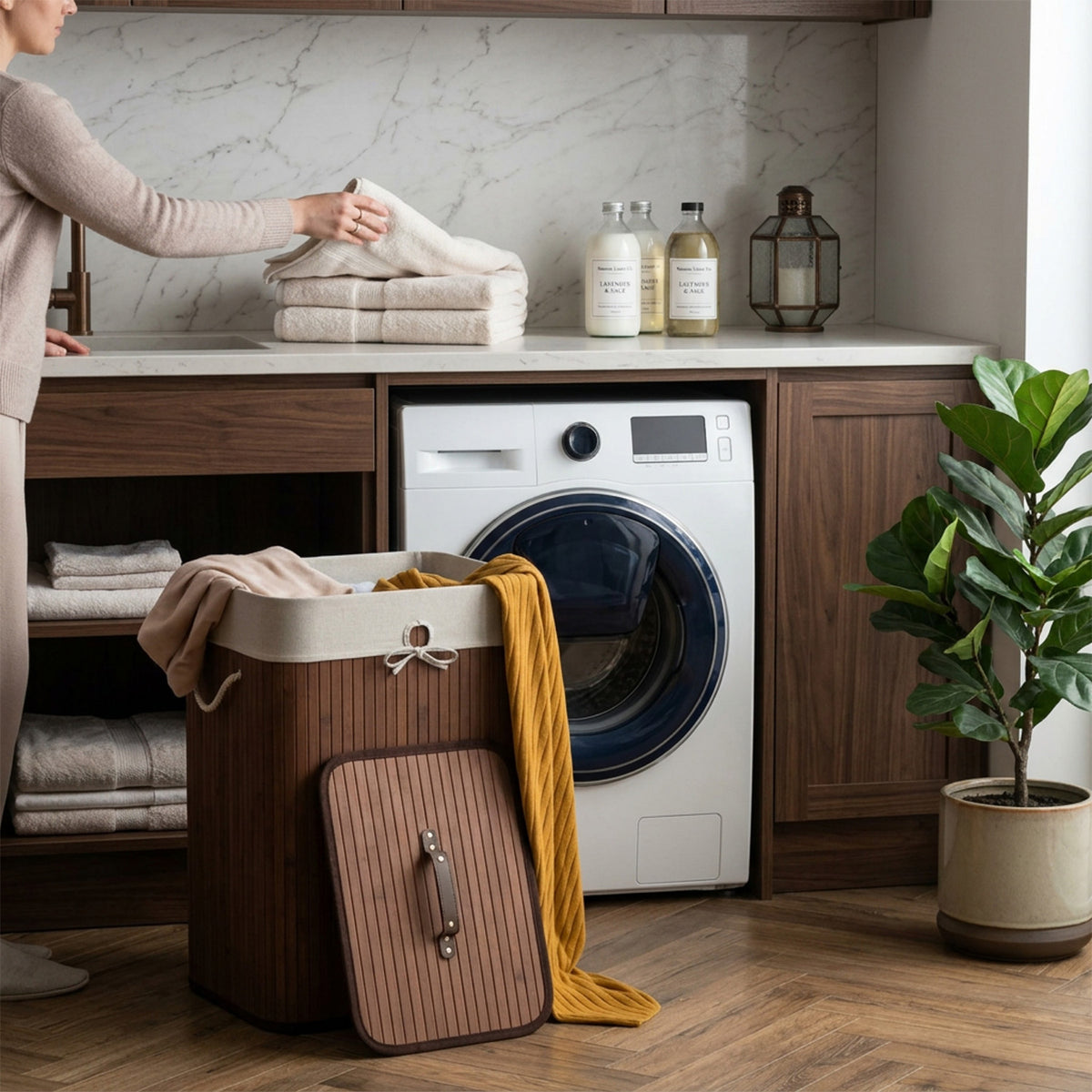 72L Bamboo Laundry Hamper with Lid and Removable Liner Bag Home Storage