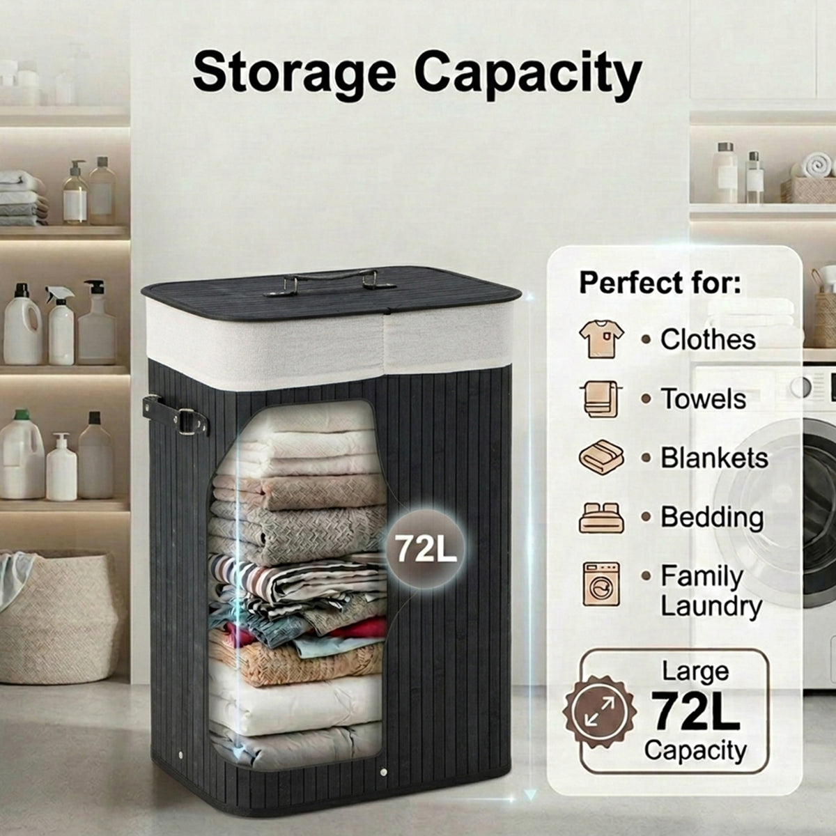 72L Bamboo Laundry Hamper with Lid and Removable Liner Bag Home Storage