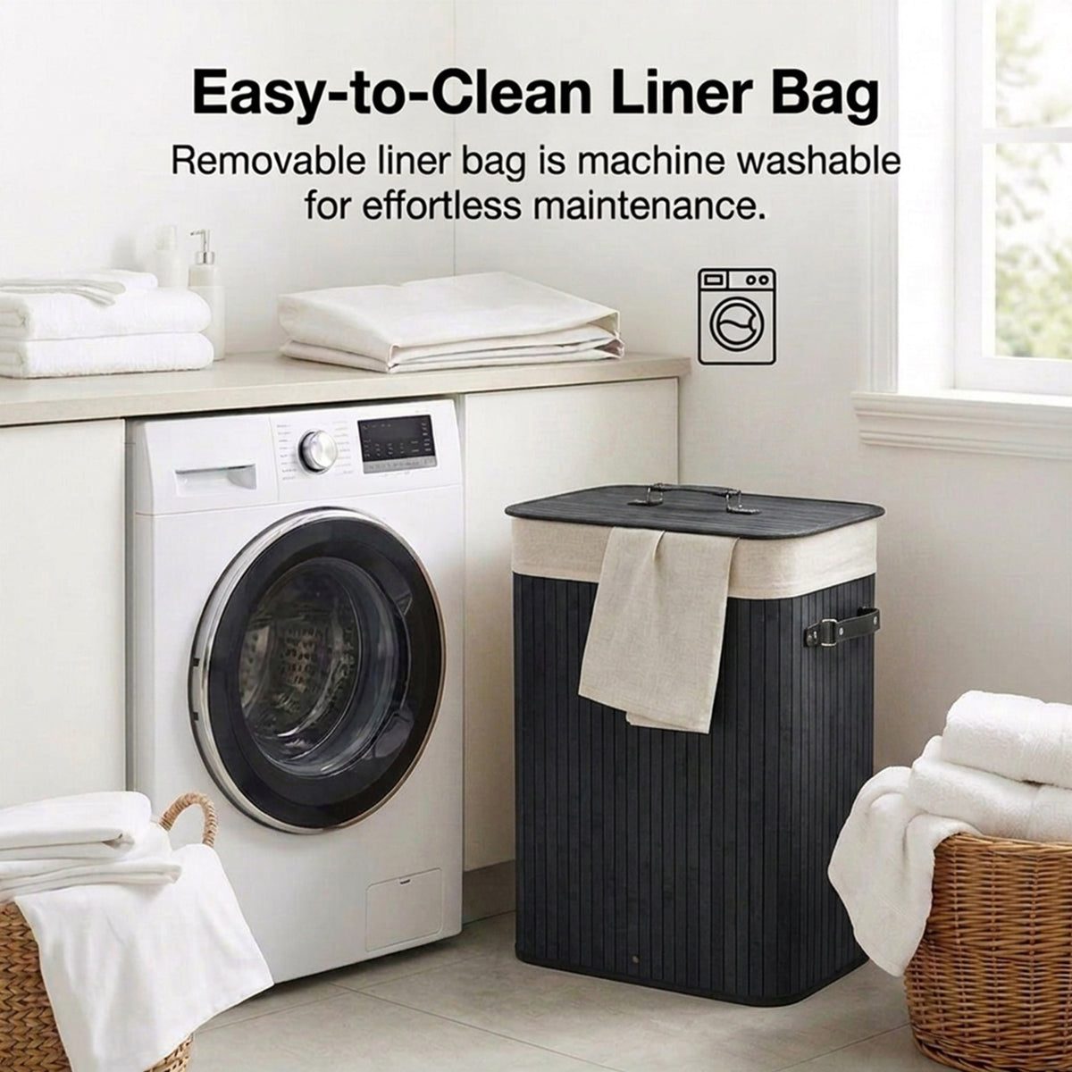72L Bamboo Laundry Hamper with Lid and Removable Liner Bag Home Storage
