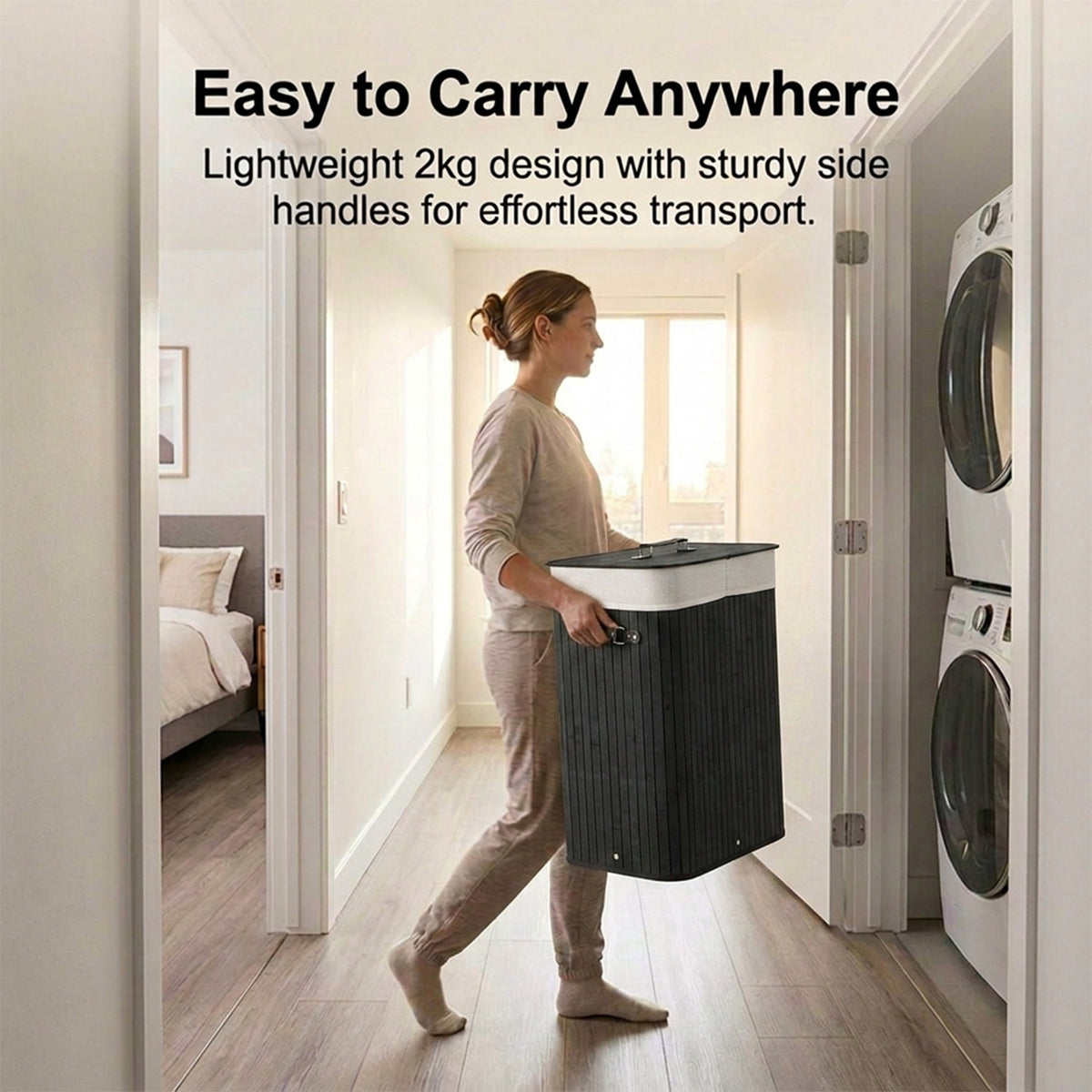 72L Bamboo Laundry Hamper with Lid and Removable Liner Bag Home Storage