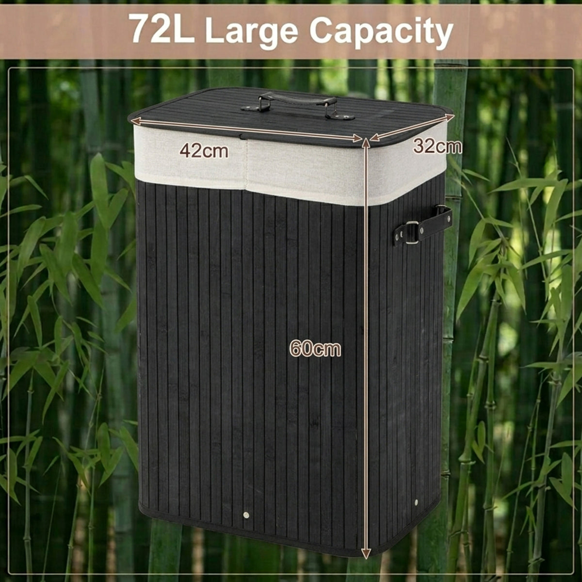 72L Bamboo Laundry Hamper with Lid and Removable Liner Bag Home Storage