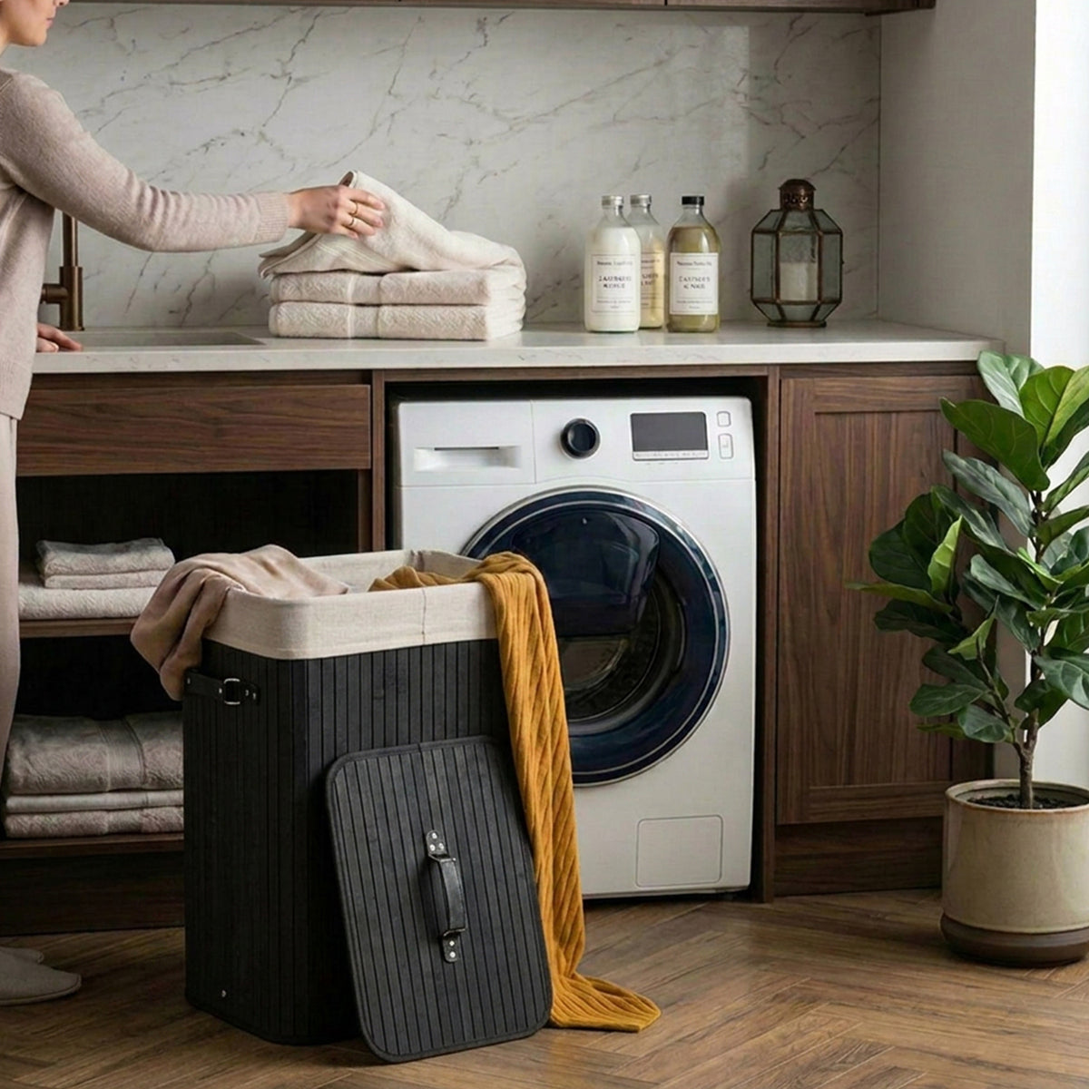 72L Bamboo Laundry Hamper with Lid and Removable Liner Bag Home Storage