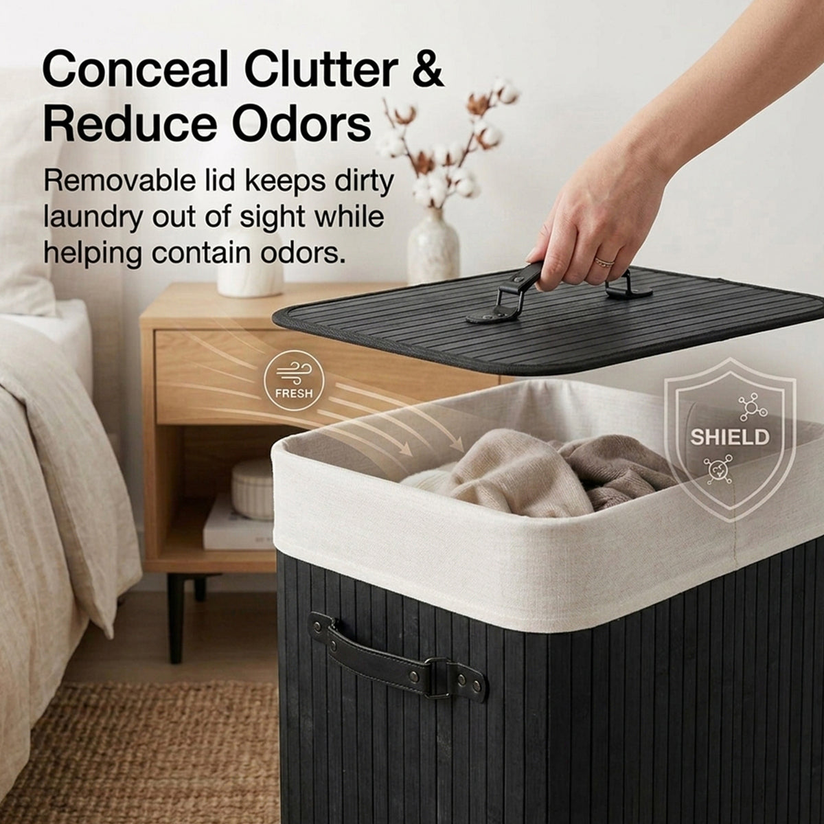 72L Bamboo Laundry Hamper with Lid and Removable Liner Bag Home Storage